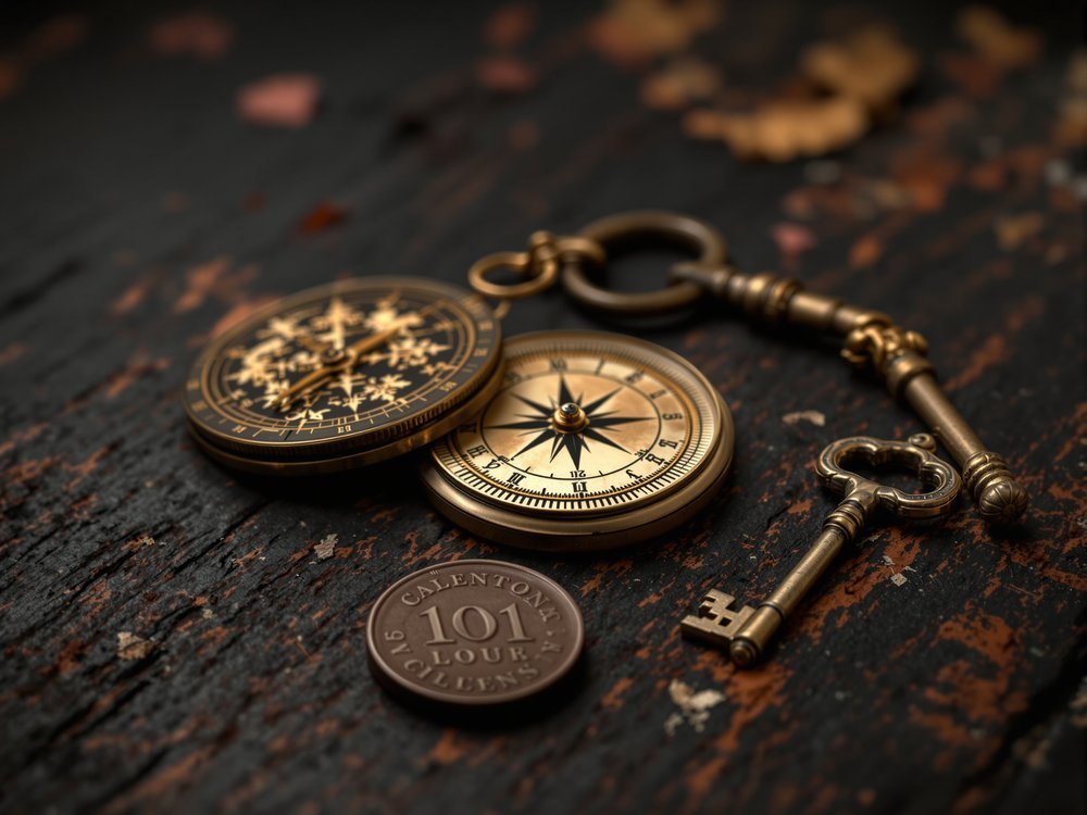 A brass compass, ornate skeleton key, and antique coin on dark weathered wood