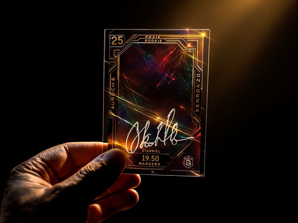 Holographic modern rookie card with a numbered autograph, held under gold spotlight
